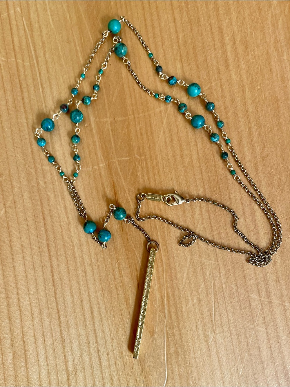 Chan Luu Turquoise Beaded Y-Lariat Bar Pendant Necklace Gold Tone With Pouch